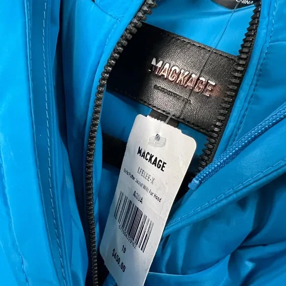 Mackage Girl's Fur-Trim Classic Down Jacket Aqua Blue Size 10 $650